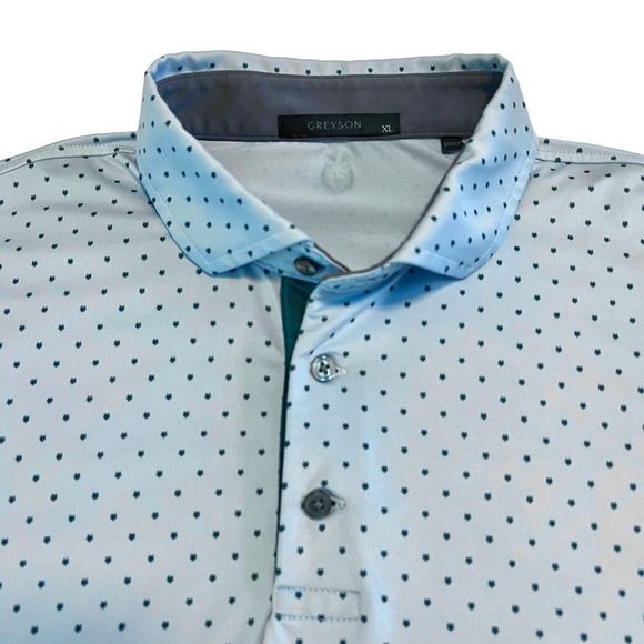 Greyson Men's Performance Polo Shirt Blue w/Green Mini Wolf Head Print Sz XL - Picture 3 of 9